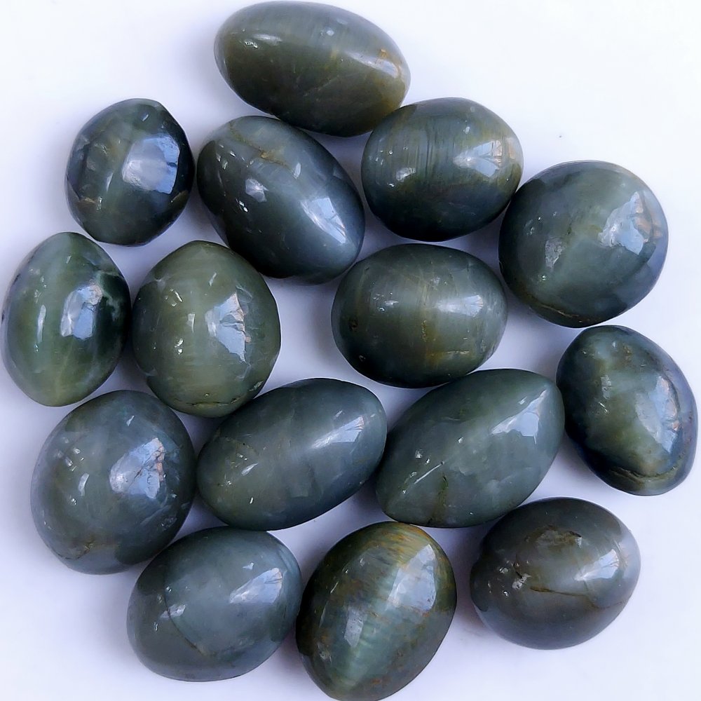 15Pcs 147Cts Natural Green Cat&#039;s Eye Cabochon Loose Gemstone Semi Precious Jewelry Making Crystal Lot 17x11 12x10mm #R-10590