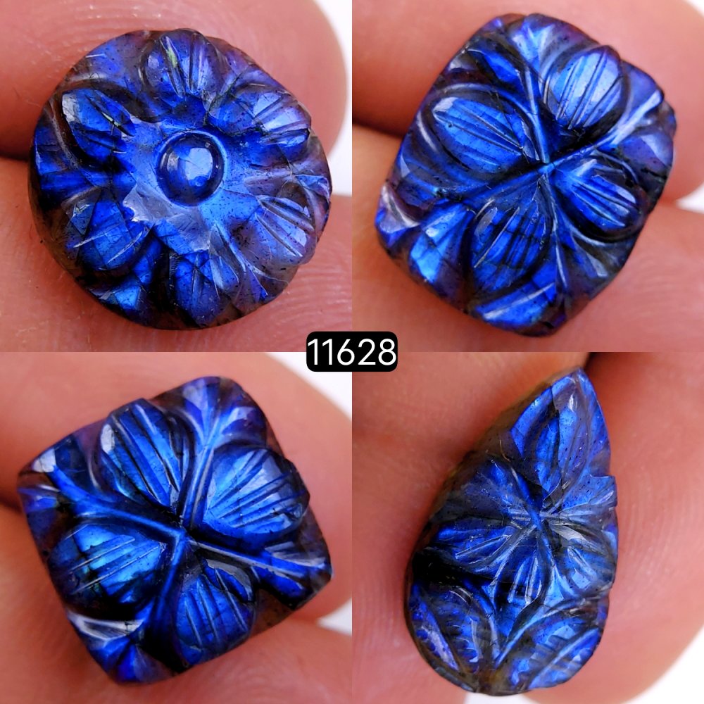 4Pcs 45Cts Natural Labradorite Mughal Carved Cabochon Blue Flashy Labradorite Carving Gemstone Mix Shape Loose Gemstone Flat Back Labradorite  22x12-16x16mm #11628
