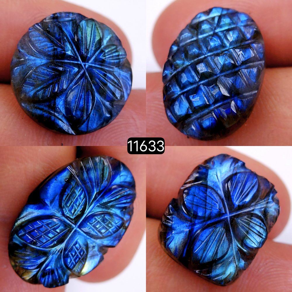 4Pcs 67Cts Natural Labradorite Mughal Carved Cabochon Blue Flashy Labradorite Carving Gemstone Mix Shape Loose Gemstone Flat Back Labradorite  25x17-20x15mm #11633