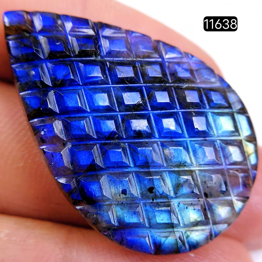 1Pcs 46Cts Natural Labradorite Mughal Carved Cabochon Blue Flashy Labradorite Carving Gemstone Mix Shape Loose Gemstone Flat Back Labradorite  38x27mm #11638