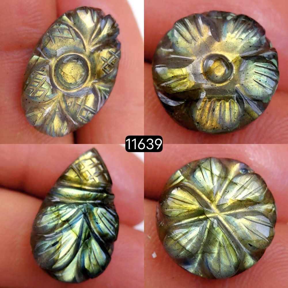 4Pcs 53Cts Natural Labradorite Mughal Carved Cabochon Blue Flashy Labradorite Carving Gemstone Mix Shape Loose Gemstone Flat Back Labradorite  23x15-15x15mm #11639