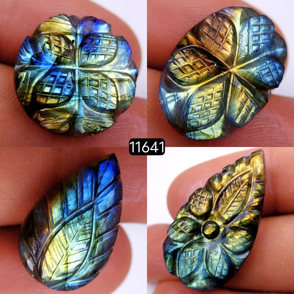 4Pcs 76Cts Natural Labradorite Mughal Carved Cabochon Blue Flashy Labradorite Carving Gemstone Mix Shape Loose Gemstone Flat Back Labradorite  34x18-19x19mm #11641