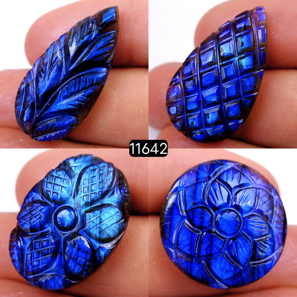 4Pcs 104Cts Natural Labradorite Mughal Carved Cabochon Blue Flashy Labradorite Carving Gemstone Mix Shape Loose Gemstone Flat Back Labradorite  32x15-24x24mm #11642