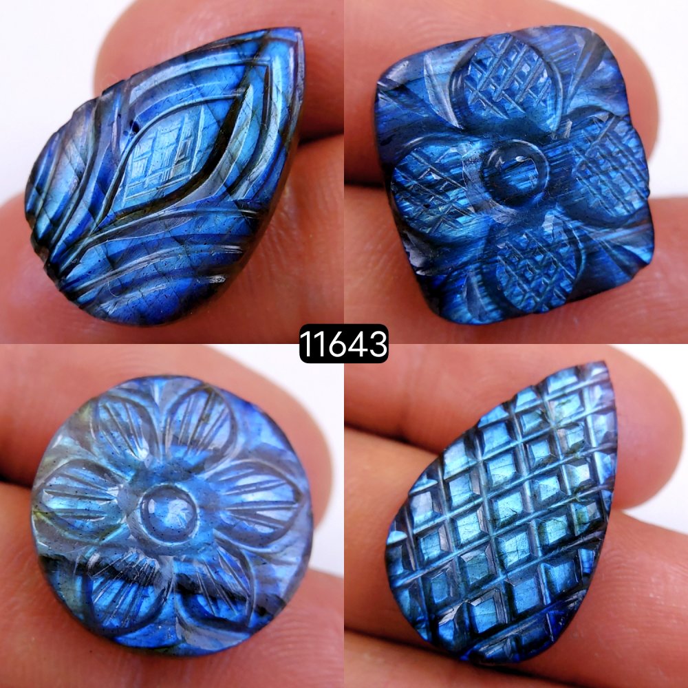 4Pcs 67Cts Natural Labradorite Mughal Carved Cabochon Blue Flashy Labradorite Carving Gemstone Mix Shape Loose Gemstone Flat Back Labradorite  28x17-18x18mm #11643