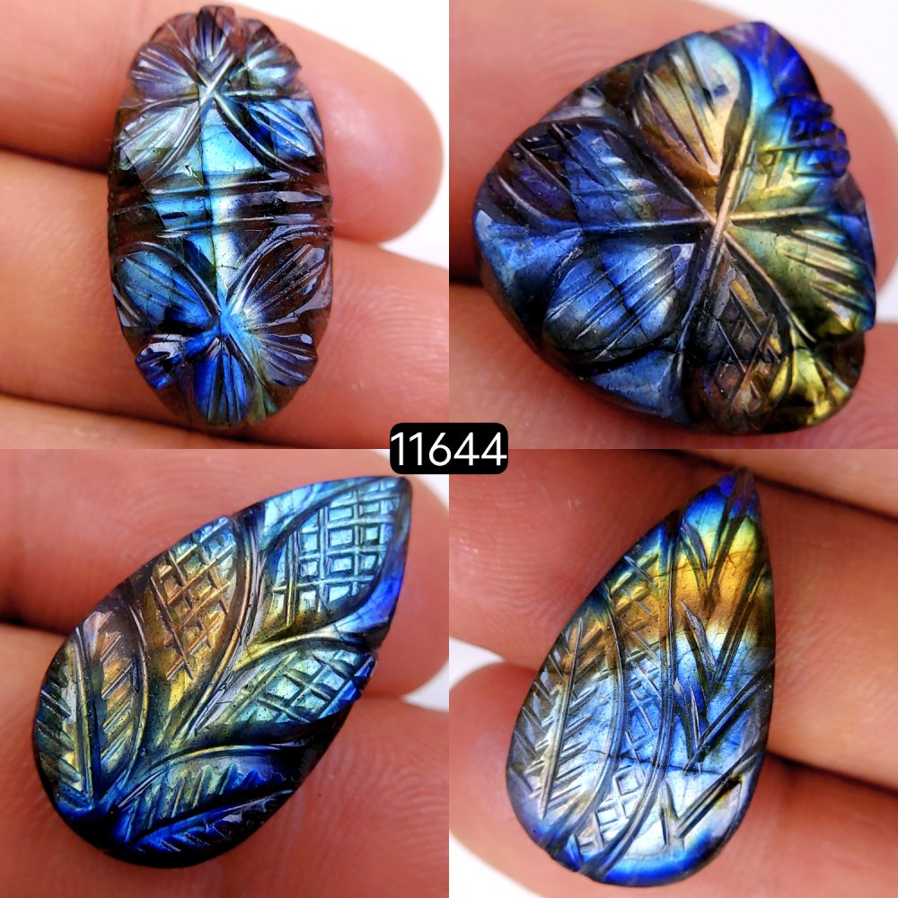 4Pcs 72Cts Natural Labradorite Mughal Carved Cabochon Blue Flashy Labradorite Carving Gemstone Mix Shape Loose Gemstone Flat Back Labradorite  30x16-18x18mm #11644