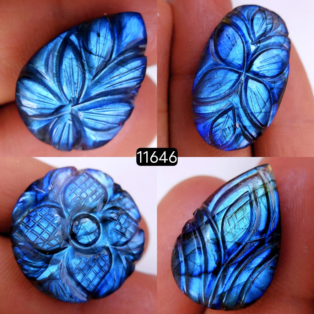 4Pcs 99Cts Natural Labradorite Mughal Carved Cabochon Blue Flashy Labradorite Carving Gemstone Mix Shape Loose Gemstone Flat Back Labradorite  32x18-23x16mm #11646