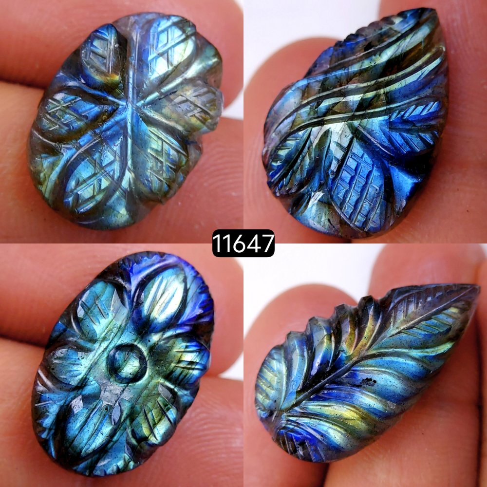 4Pcs 63Cts Natural Labradorite Mughal Carved Cabochon Blue Flashy Labradorite Carving Gemstone Mix Shape Loose Gemstone Flat Back Labradorite  30x15-21x14mm #11647