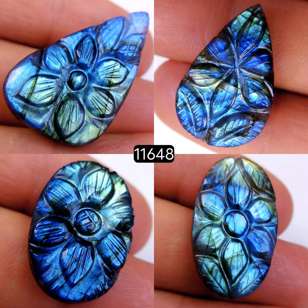 4Pcs 98Cts Natural Labradorite Mughal Carved Cabochon Blue Flashy Labradorite Carving Gemstone Mix Shape Loose Gemstone Flat Back Labradorite  34x20-25x16mm #11648