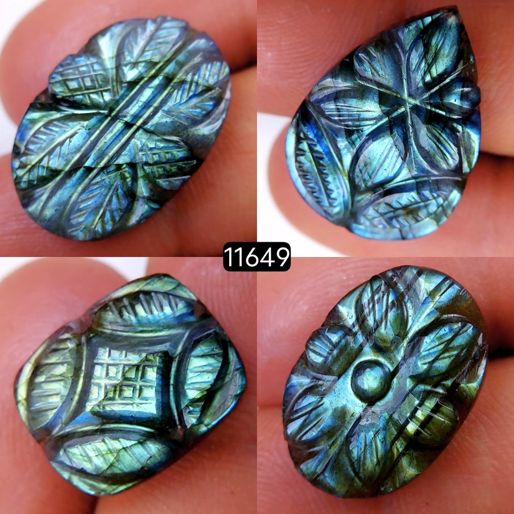 4Pcs 59Cts Natural Labradorite Mughal Carved Cabochon Blue Flashy Labradorite Carving Gemstone Mix Shape Loose Gemstone Flat Back Labradorite  24x18-17x14mm #11649