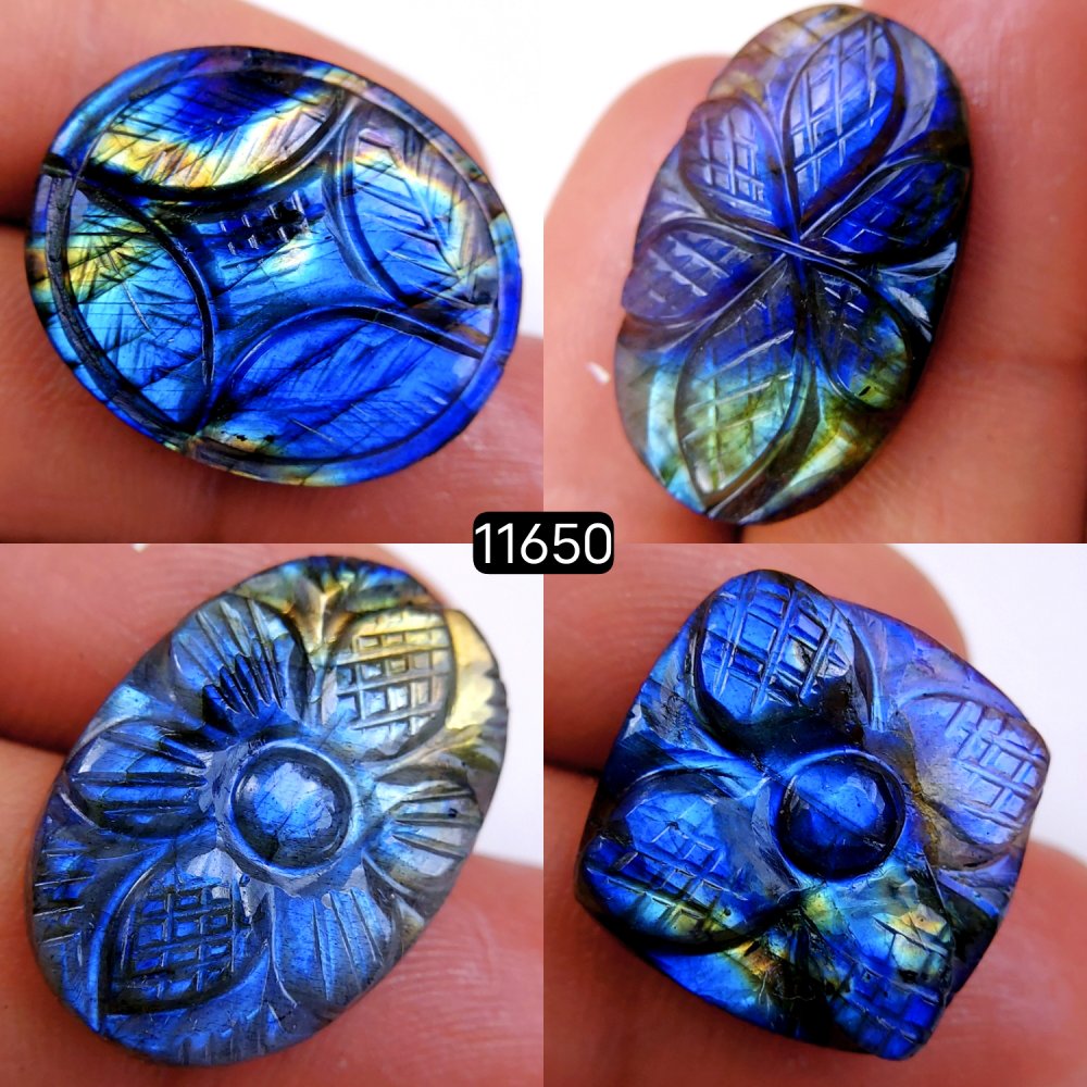 4Pcs 92Cts Natural Labradorite Mughal Carved Cabochon Blue Flashy Labradorite Carving Gemstone Mix Shape Loose Gemstone Flat Back Labradorite  27x22-18x18mm #11650