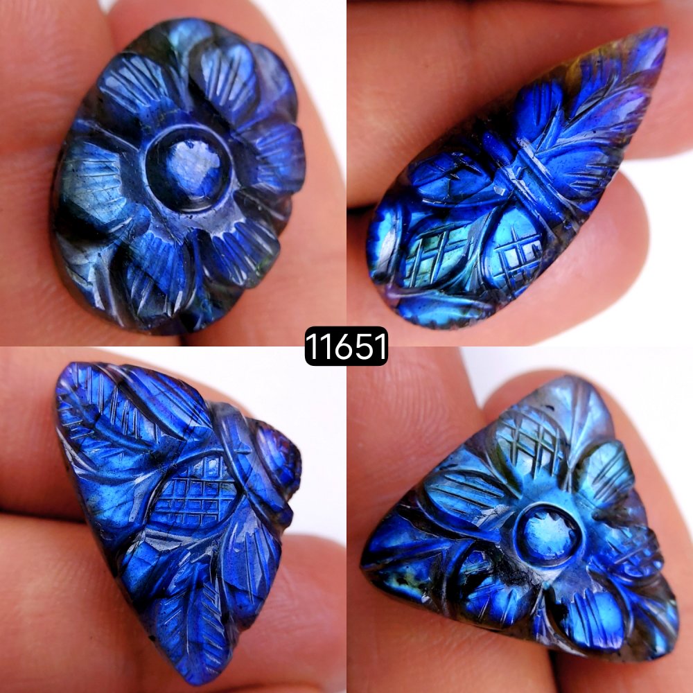 4Pcs 93Cts Natural Labradorite Mughal Carved Cabochon Blue Flashy Labradorite Carving Gemstone Mix Shape Loose Gemstone Flat Back Labradorite  32x14-23x17mm #11651