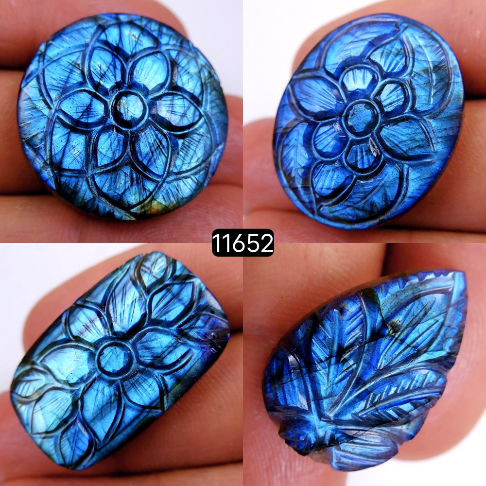 4Pcs 130Cts Natural Labradorite Mughal Carved Cabochon Blue Flashy Labradorite Carving Gemstone Mix Shape Loose Gemstone Flat Back Labradorite  31x20-24x17mm #11652