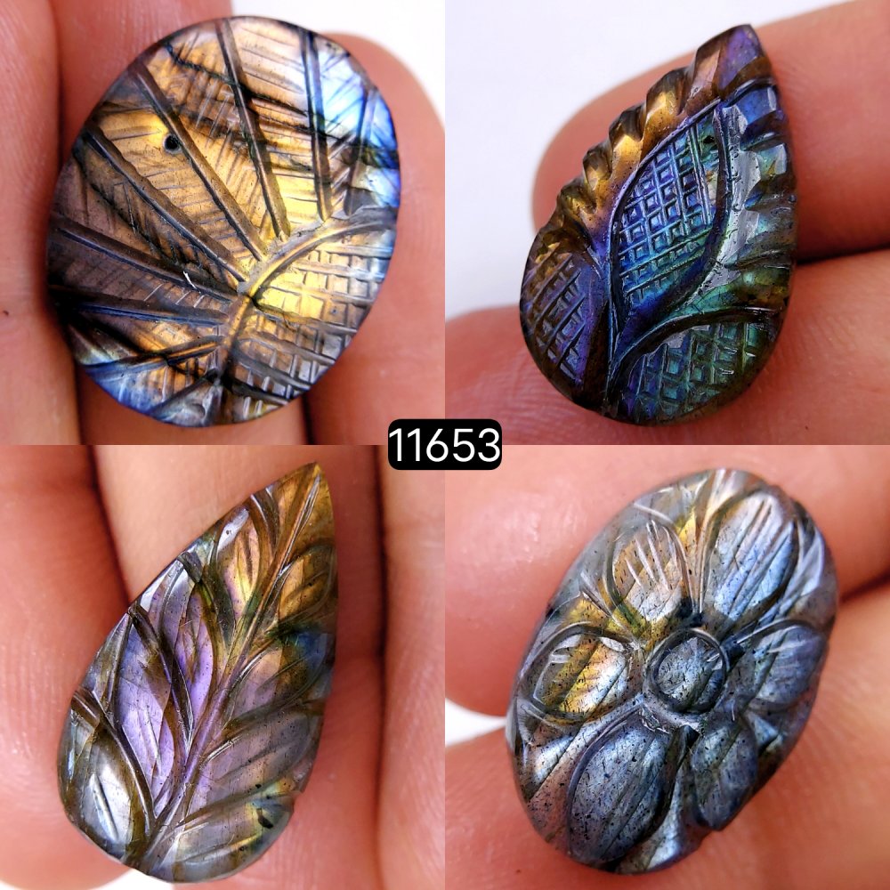 4Pcs 79Cts Natural Labradorite Mughal Carved Cabochon Blue Flashy Labradorite Carving Gemstone Mix Shape Loose Gemstone Flat Back Labradorite  30x24-20x14mm #11653