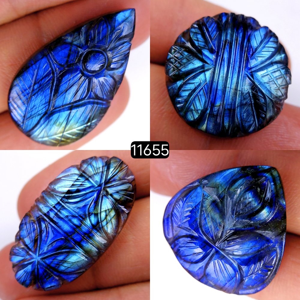 4Pcs 138Cts Natural Labradorite Mughal Carved Cabochon Blue Flashy Labradorite Carving Gemstone Mix Shape Loose Gemstone Flat Back Labradorite  35x20-24x24mm #11655