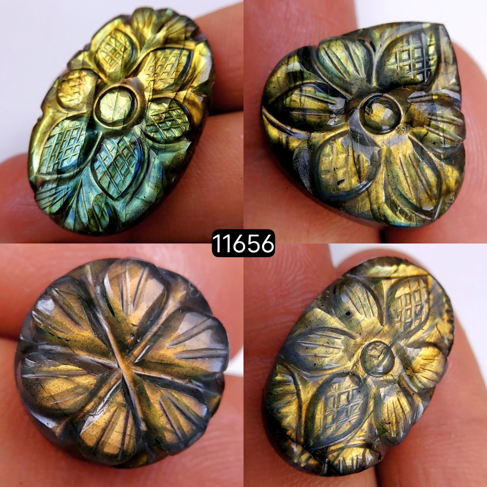 4Pcs 113Cts Natural Labradorite Mughal Carved Cabochon Blue Flashy Labradorite Carving Gemstone Mix Shape Loose Gemstone Flat Back Labradorite  35x22-15x15mm #11656