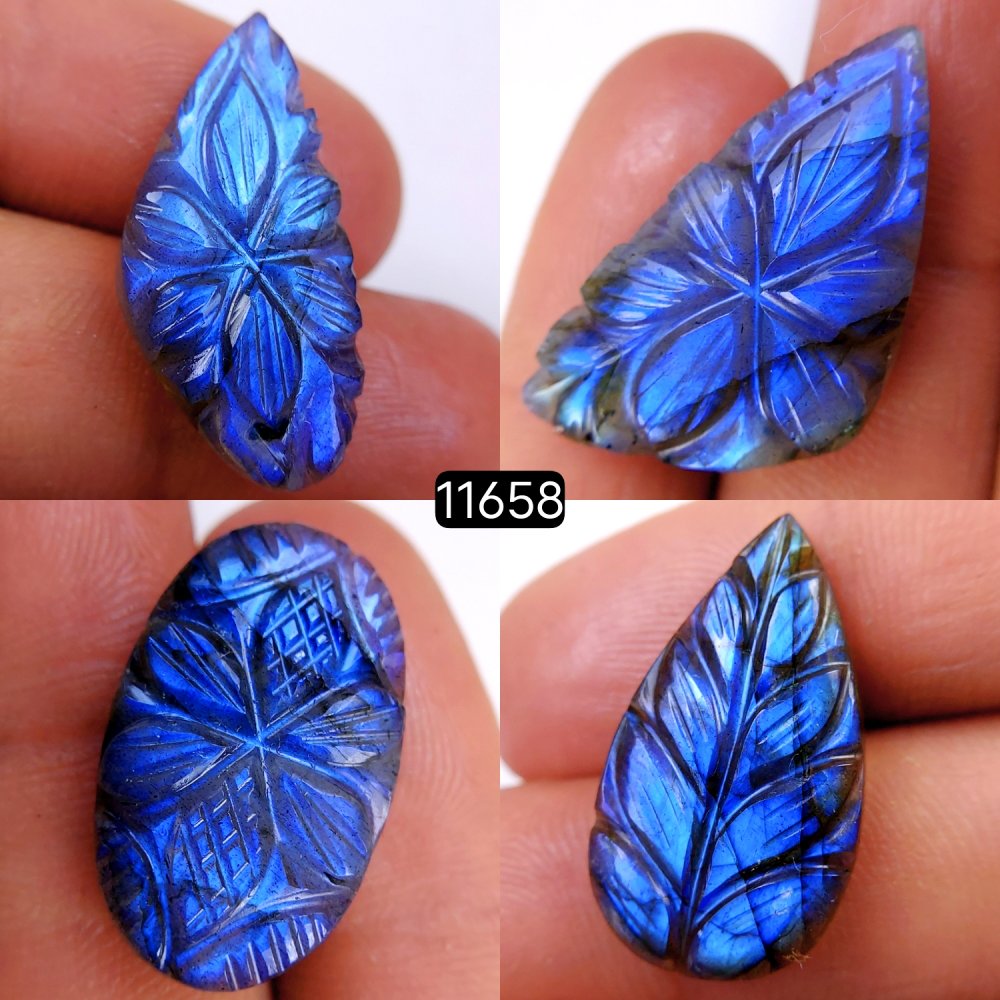 4Pcs 75Cts Natural Labradorite Mughal Carved Cabochon Blue Flashy Labradorite Carving Gemstone Mix Shape Loose Gemstone Flat Back Labradorite  32x18-24x15mm #11658