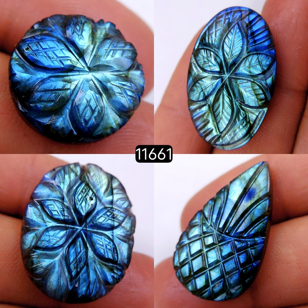 4Pcs 105Cts Natural Labradorite Mughal Carved Cabochon Blue Flashy Labradorite Carving Gemstone Mix Shape Loose Gemstone Flat Back Labradorite  30x24-18x18mm #11661