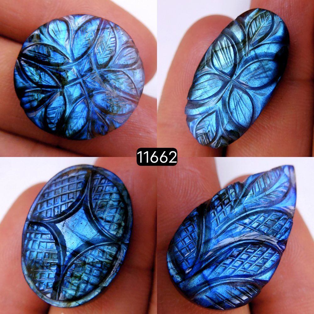 4Pcs 101Cts Natural Labradorite Mughal Carved Cabochon Blue Flashy Labradorite Carving Gemstone Mix Shape Loose Gemstone Flat Back Labradorite  30x14-24x24mm #11662