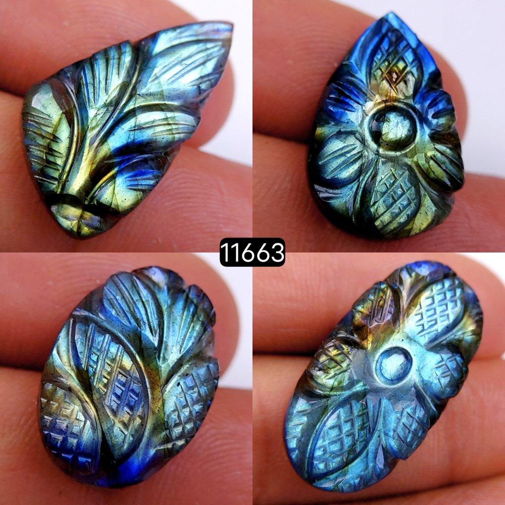 4Pcs 68Cts Natural Labradorite Mughal Carved Cabochon Blue Flashy Labradorite Carving Gemstone Mix Shape Loose Gemstone Flat Back Labradorite  30x15-20x14mm #11663