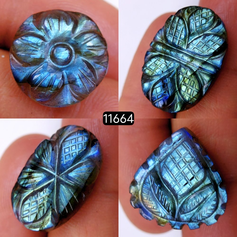 4Pcs 74Cts Natural Labradorite Mughal Carved Cabochon Blue Flashy Labradorite Carving Gemstone Mix Shape Loose Gemstone Flat Back Labradorite  27x20-16x16mm #11664