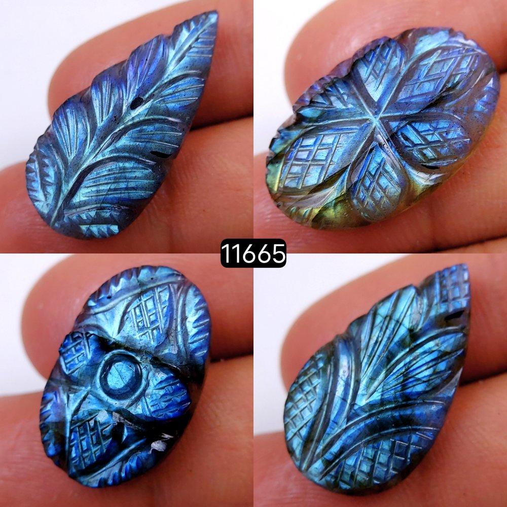 4Pcs 71Cts Natural Labradorite Mughal Carved Cabochon Blue Flashy Labradorite Carving Gemstone Mix Shape Loose Gemstone Flat Back Labradorite  31x15-22x15mm #11665