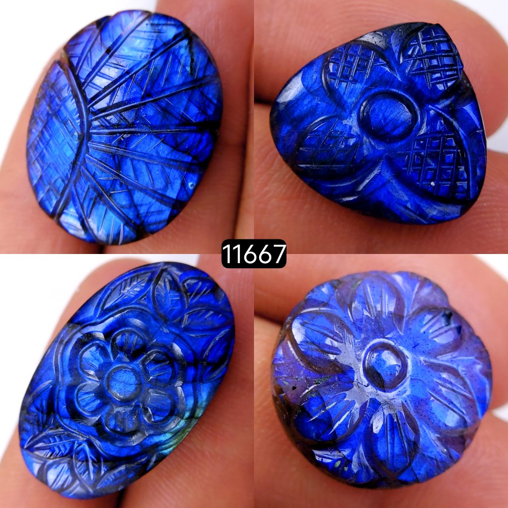 4Pcs 111Cts Natural Labradorite Mughal Carved Cabochon Blue Flashy Labradorite Carving Gemstone Mix Shape Loose Gemstone Flat Back Labradorite  30x20-20x18mm #11667