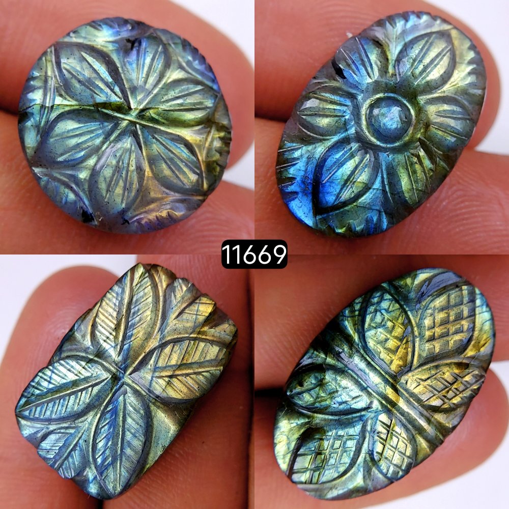 4Pcs 86Cts Natural Labradorite Mughal Carved Cabochon Blue Flashy Labradorite Carving Gemstone Mix Shape Loose Gemstone Flat Back Labradorite  30x20-18x18mm #11669