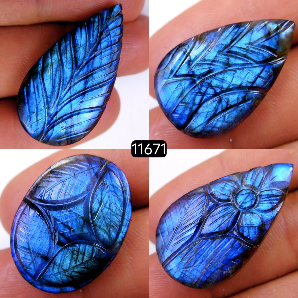 4Pcs 110Cts Natural Labradorite Mughal Carved Cabochon Blue Flashy Labradorite Carving Gemstone Mix Shape Loose Gemstone Flat Back Labradorite  36x21-27x20mm #11671