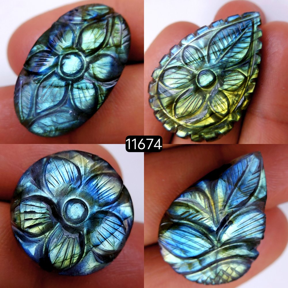 4Pcs 122Cts Natural Labradorite Mughal Carved Cabochon Blue Flashy Labradorite Carving Gemstone Mix Shape Loose Gemstone Flat Back Labradorite  38x25-20x20mm #11674