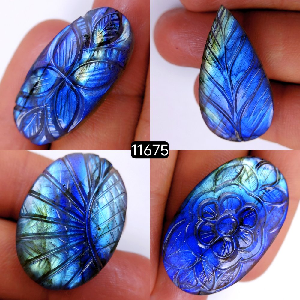 4Pcs 128Cts Natural Labradorite Mughal Carved Cabochon Blue Flashy Labradorite Carving Gemstone Mix Shape Loose Gemstone Flat Back Labradorite  37x23-30x22mm #11675