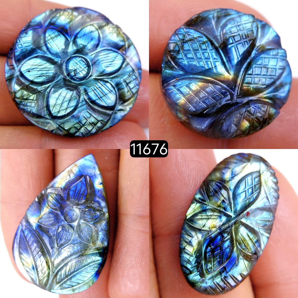 4Pcs 140Cts Natural Labradorite Mughal Carved Cabochon Blue Flashy Labradorite Carving Gemstone Mix Shape Loose Gemstone Flat Back Labradorite  36-24-20x20mm #11676