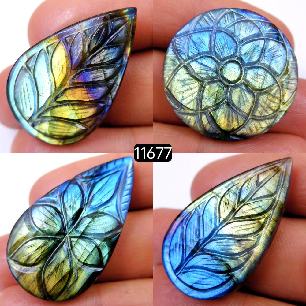 4Pcs 152Cts Natural Labradorite Mughal Carved Cabochon Blue Flashy Labradorite Carving Gemstone Mix Shape Loose Gemstone Flat Back Labradorite  40x25-30x30mm #11677