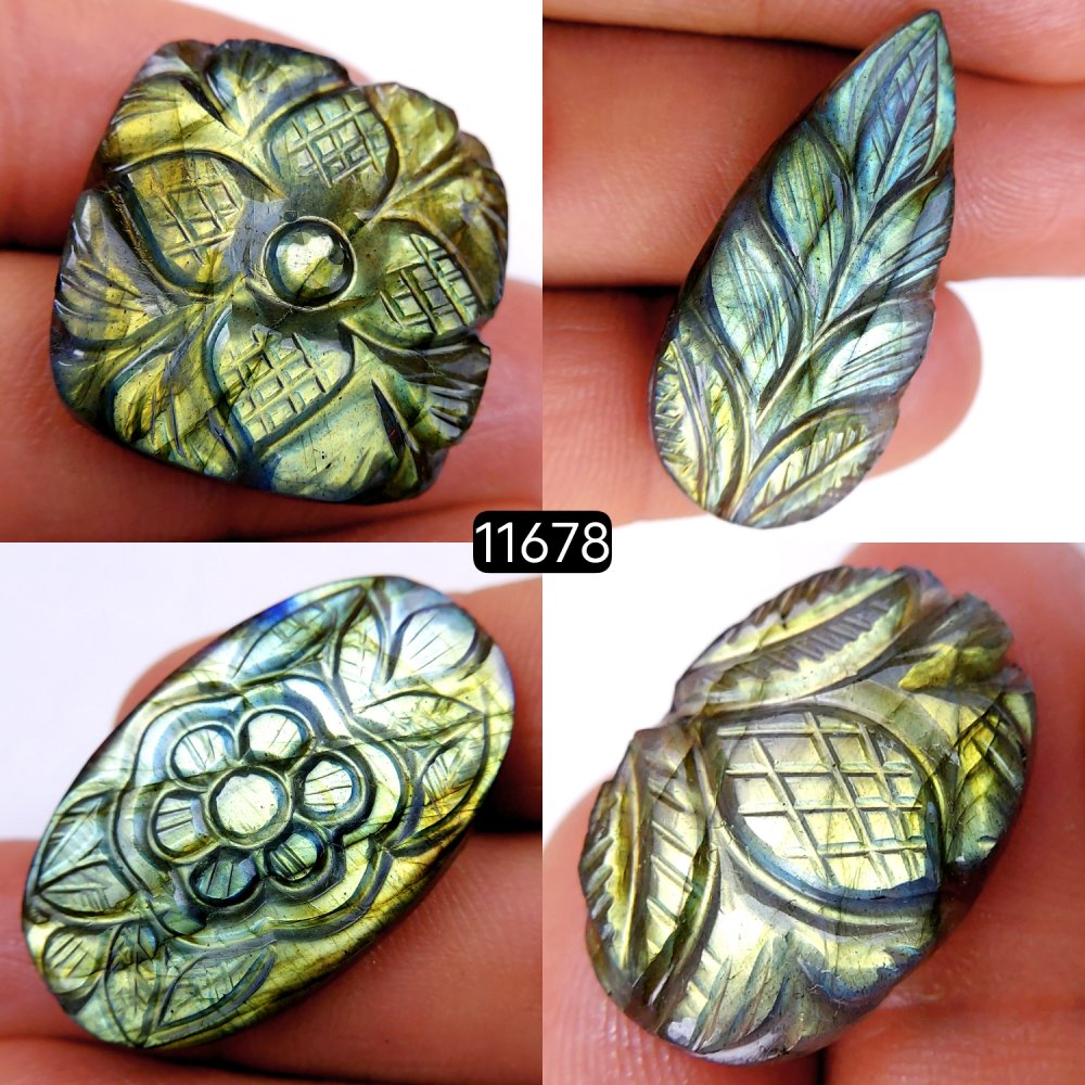 4Pcs 116Cts Natural Labradorite Mughal Carved Cabochon Blue Flashy Labradorite Carving Gemstone Mix Shape Loose Gemstone Flat Back Labradorite  35x22-24x16mm #11678