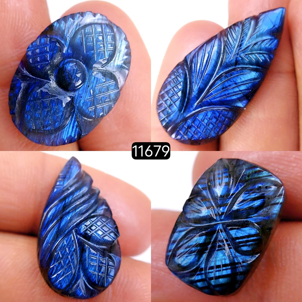 4Pcs 65Cts Natural Labradorite Mughal Carved Cabochon Blue Flashy Labradorite Carving Gemstone Mix Shape Loose Gemstone Flat Back Labradorite  35x17-17x12mm #11679