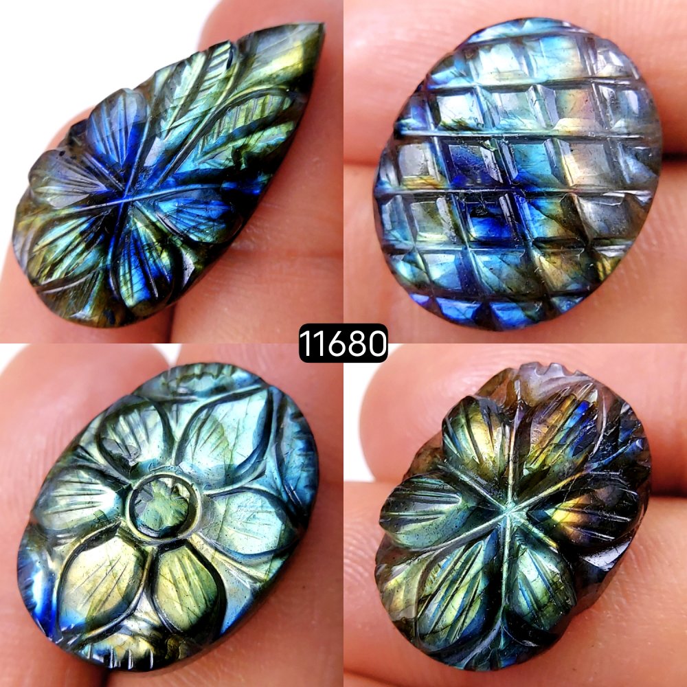 4Pcs 80Cts Natural Labradorite Mughal Carved Cabochon Blue Flashy Labradorite Carving Gemstone Mix Shape Loose Gemstone Flat Back Labradorite  32x16-20x17mm #11680