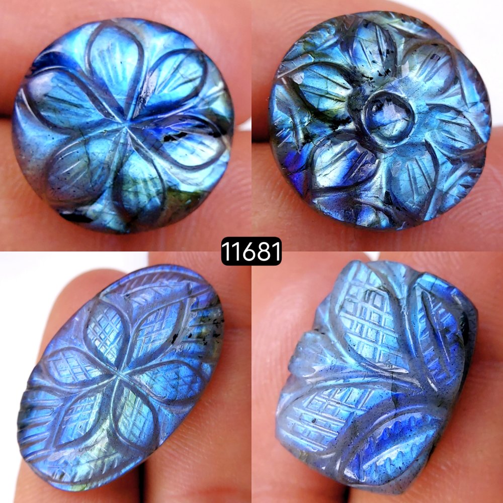 4Pcs 76Cts Natural Labradorite Mughal Carved Cabochon Blue Flashy Labradorite Carving Gemstone Mix Shape Loose Gemstone Flat Back Labradorite  33x20-17x17mm #11681