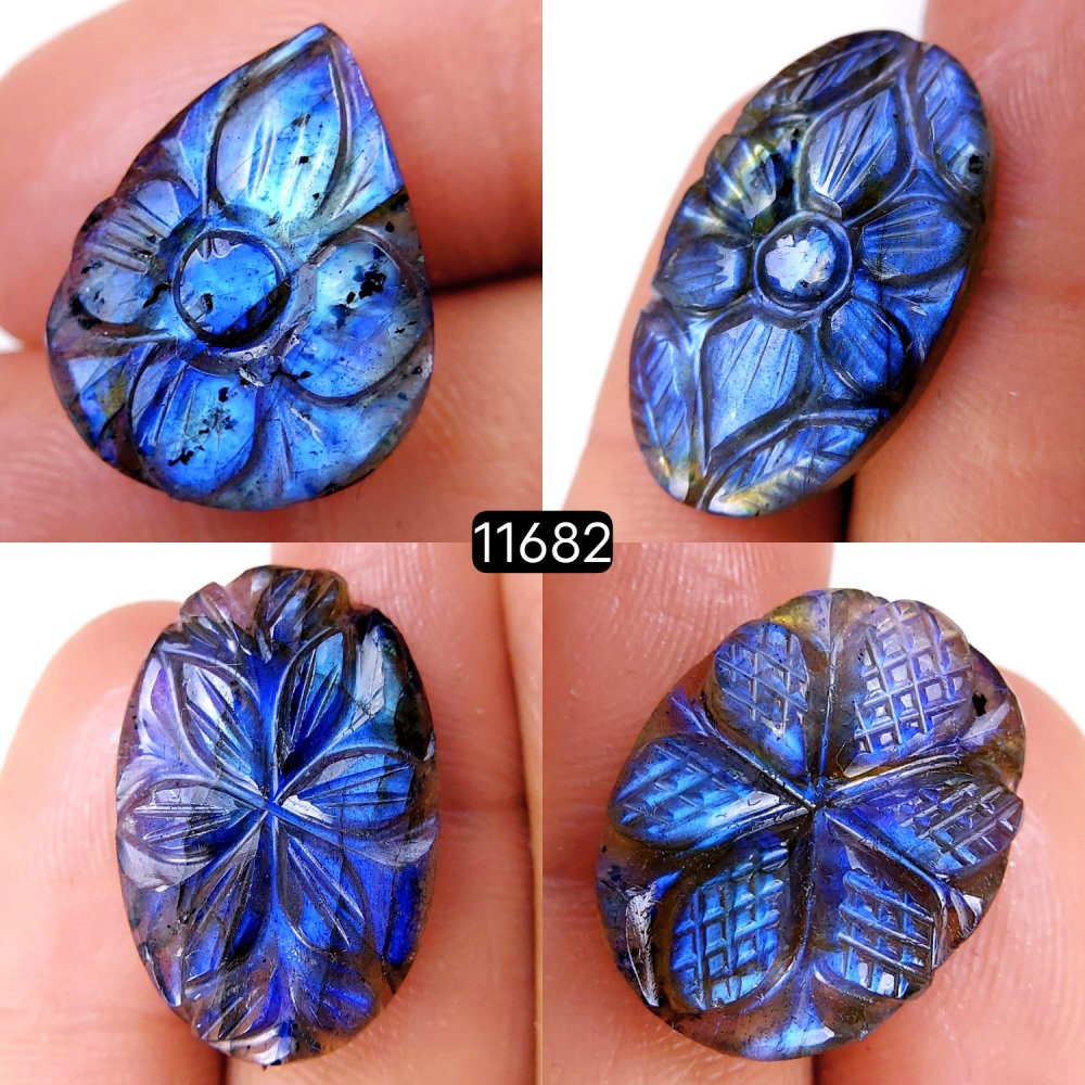 4Pcs 78Cts Natural Labradorite Mughal Carved Cabochon Blue Flashy Labradorite Carving Gemstone Mix Shape Loose Gemstone Flat Back Labradorite  28x17-20x15mm #11682