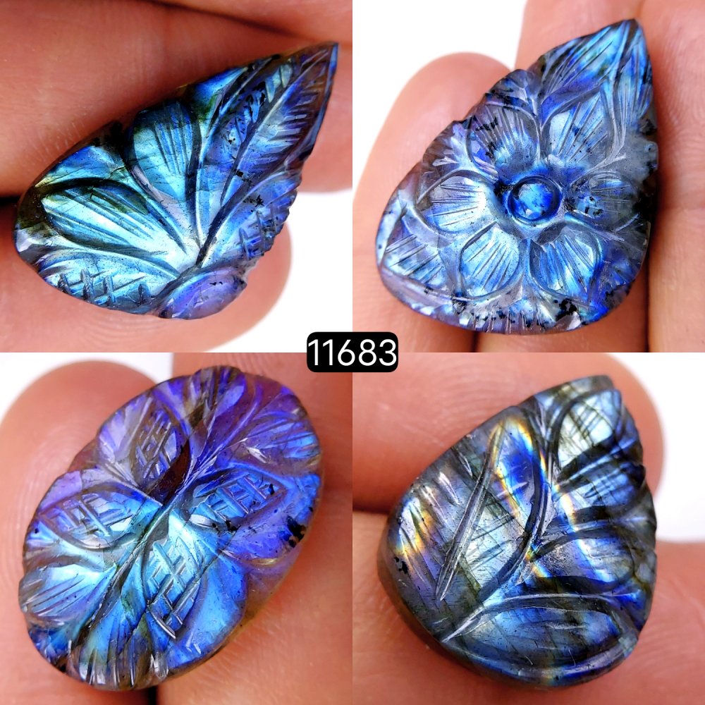 4Pcs 94Cts Natural Labradorite Mughal Carved Cabochon Blue Flashy Labradorite Carving Gemstone Mix Shape Loose Gemstone Flat Back Labradorite  37x25-20x17mm #11683