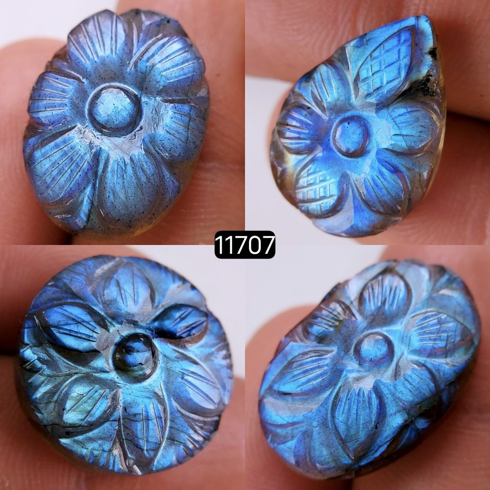 4Pcs 78Cts Natural Labradorite Mughal Carved Cabochon Blue Flashy Labradorite Carving Gemstone Mix Shape Loose Gemstone Flat Back Labradorite  25x16-20x15mm #11707