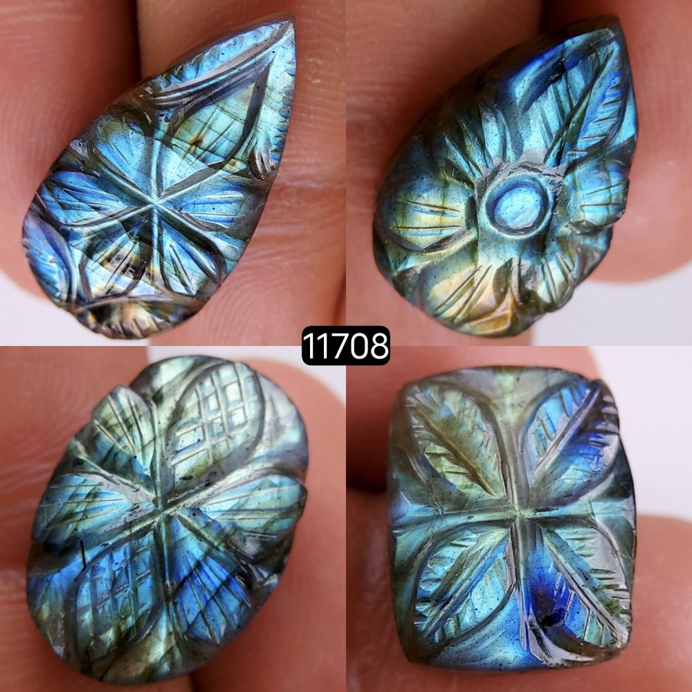 4Pcs 57Cts Natural Labradorite Mughal Carved Cabochon Blue Flashy Labradorite Carving Gemstone Mix Shape Loose Gemstone Flat Back Labradorite  25x14-16x12mm #11708