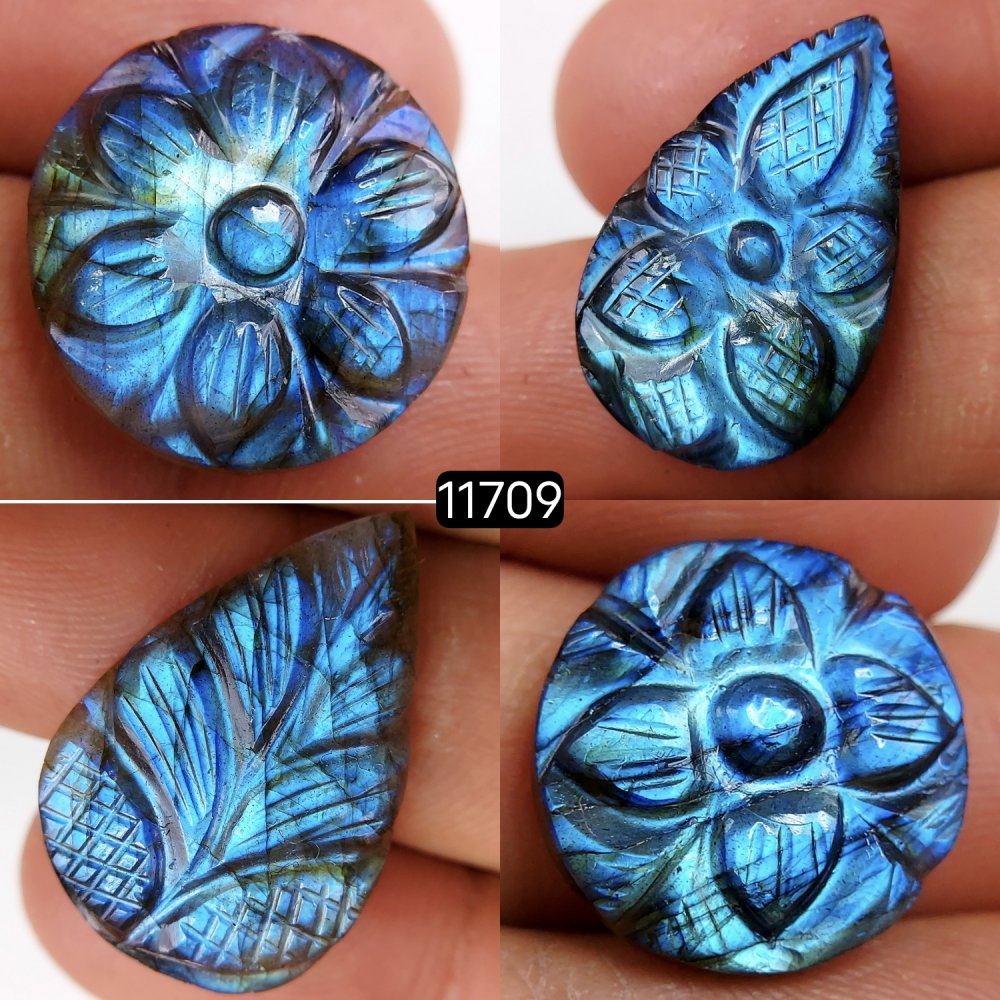 4Pcs 66Cts Natural Labradorite Mughal Carved Cabochon Blue Flashy Labradorite Carving Gemstone Mix Shape Loose Gemstone Flat Back Labradorite  27x19-16x16mm #11709