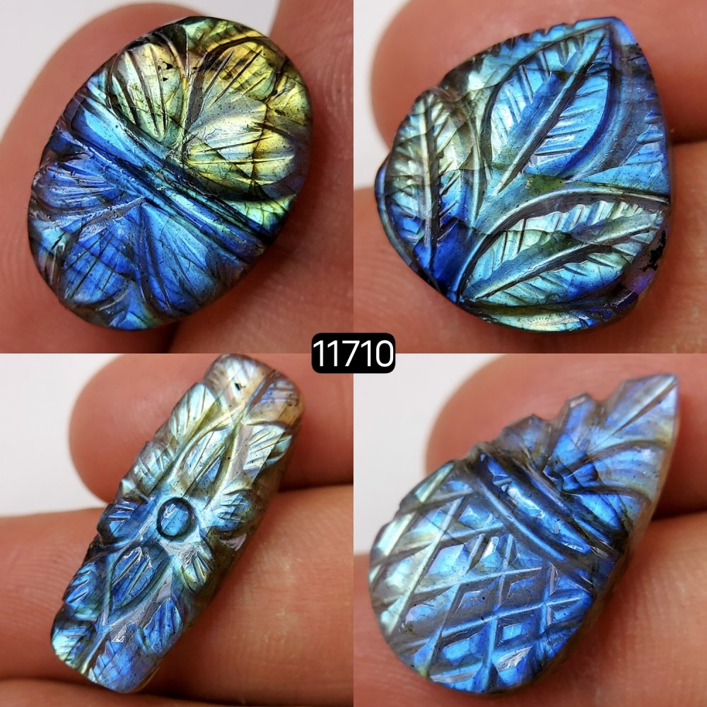 4Pcs 53Cts Natural Labradorite Mughal Carved Cabochon Blue Flashy Labradorite Carving Gemstone Mix Shape Loose Gemstone Flat Back Labradorite  27x10-18x18mm #11710