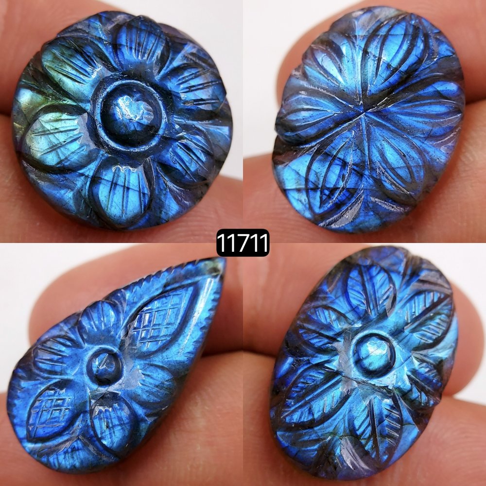 4Pcs 84Cts Natural Labradorite Mughal Carved Cabochon Blue Flashy Labradorite Carving Gemstone Mix Shape Loose Gemstone Flat Back Labradorite  28x15-22x22mm #11711