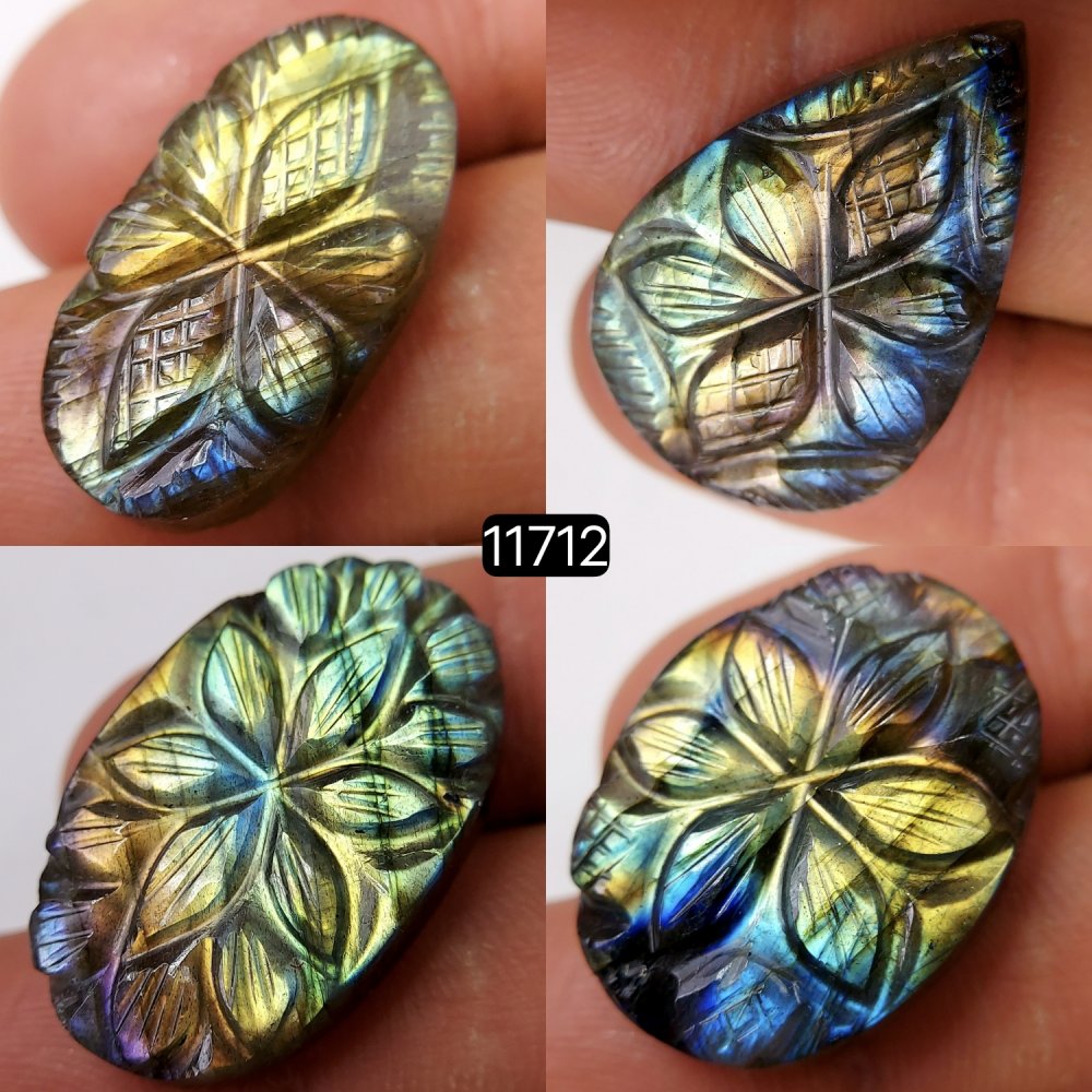 4Pcs 102Cts Natural Labradorite Mughal Carved Cabochon Blue Flashy Labradorite Carving Gemstone Mix Shape Loose Gemstone Flat Back Labradorite  28x18-24x12mm #11712