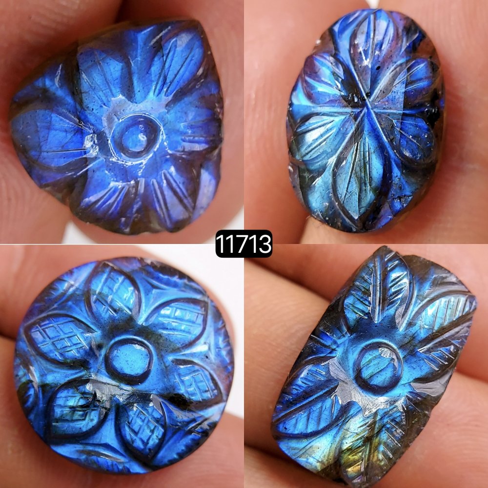 4Pcs 62Cts Natural Labradorite Mughal Carved Cabochon Blue Flashy Labradorite Carving Gemstone Mix Shape Loose Gemstone Flat Back Labradorite  22x12-15x15mm #11713