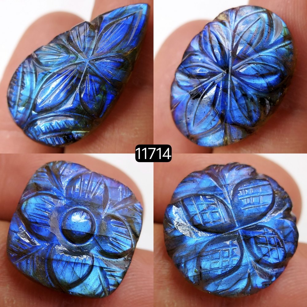 4Pcs 81Cts Natural Labradorite Mughal Carved Cabochon Blue Flashy Labradorite Carving Gemstone Mix Shape Loose Gemstone Flat Back Labradorite  30x14-20x20mm #11714