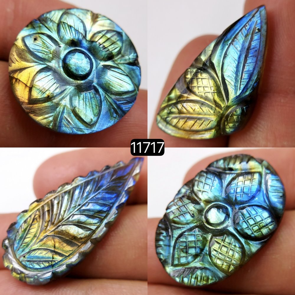 4Pcs 111Cts Natural Labradorite Mughal Carved Cabochon Blue Flashy Labradorite Carving Gemstone Mix Shape Loose Gemstone Flat Back Labradorite  38x16-24x24mm #11717