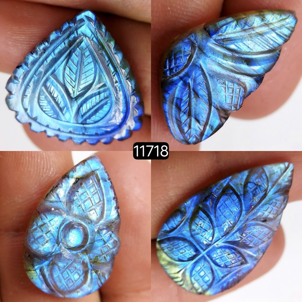 4Pcs 71Cts Natural Labradorite Mughal Carved Cabochon Blue Flashy Labradorite Carving Gemstone Mix Shape Loose Gemstone Flat Back Labradorite  30x20-22x14mm #11718