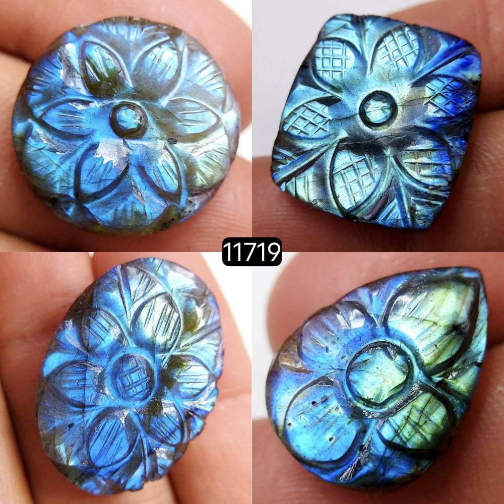 4Pcs 94Cts Natural Labradorite Mughal Carved Cabochon Blue Flashy Labradorite Carving Gemstone Mix Shape Loose Gemstone Flat Back Labradorite  27x20-20x15mm #11719