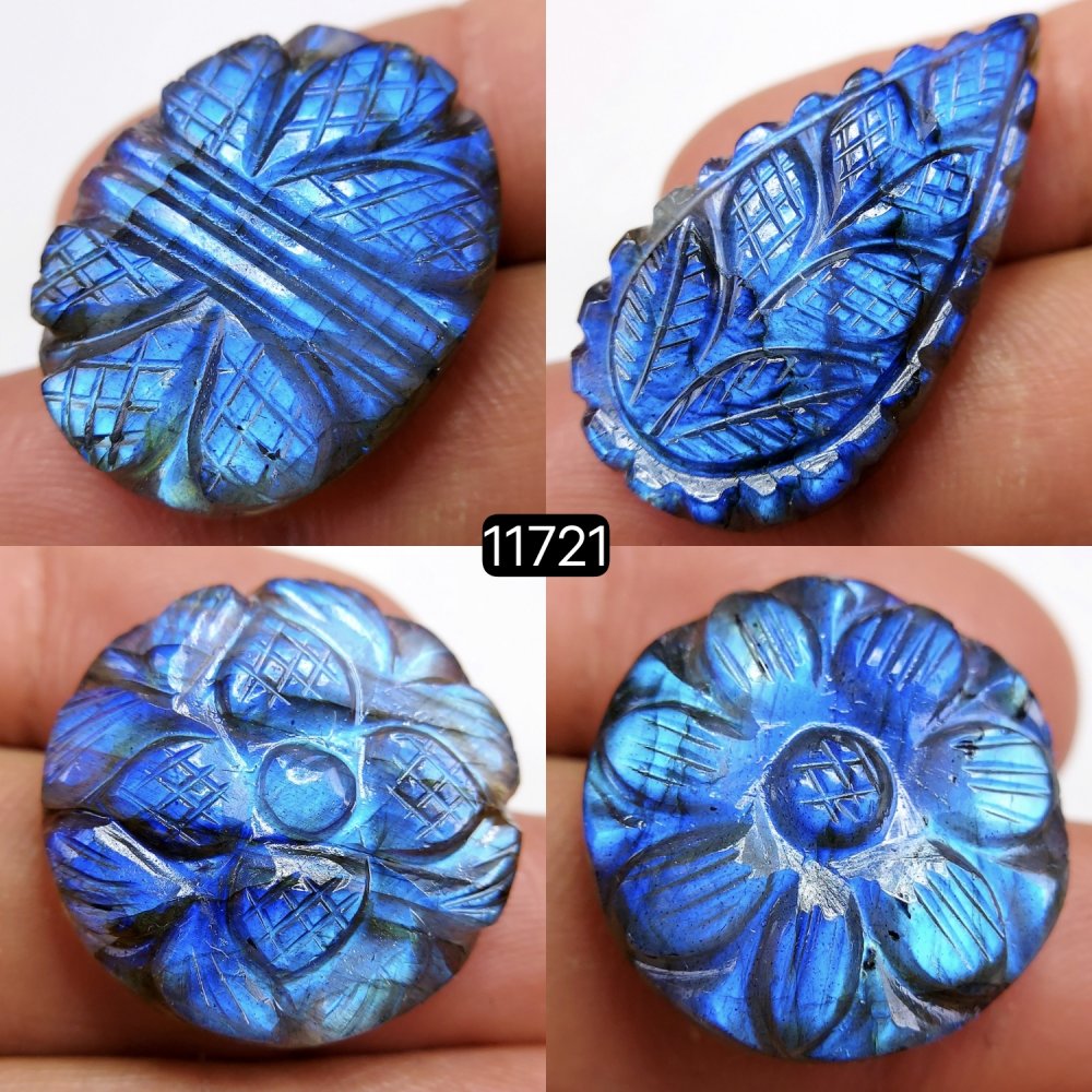 4Pcs 123Cts Natural Labradorite Mughal Carved Cabochon Blue Flashy Labradorite Carving Gemstone Mix Shape Loose Gemstone Flat Back Labradorite  34x18-22x22mm #11721